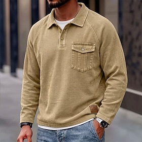 Men's Corduroy Polo Casual Vacation Turndown Long Sleeve Fashion Leisure Solid Color Classic Button-Down Fall Winter Fall Regular Navy Blue Dark Green Brown K