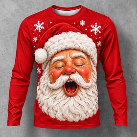 Christmas Men's Santa Claus Funny T Shirt Long Sleeve T shirt 3D Print Crew Neck Shirt Fashion Daily Casual Casual Daily Blue Red Red 2 Summer Spring Fall Clot