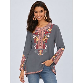 Women's Shirt 100% Cotton Casual Shirt Embroidered Ombre Floral Graphic Elegant Vintage Fashion Long Sleeve Crew Neck Regular Tops Casual Black Red Gray Spring
