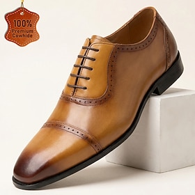 Men's Genuine Leather Brown Oxford Dress Shoes Lace Up Formal Business Shoes Classic Minimalist Elegant Style Luxury Leather Footwear for Wedding Office Meetin