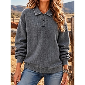 Women's Waffle Hoodies Washed Cotton Textured Pullover Patchwork Buttons Plain Active Vintage Casual Long Sleeve Lapel Regular Tops Casual Street Sports Gray S