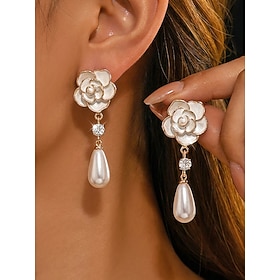Women's Alloy Camellia Flower Pearl Drop Earrings, Elegant Ivory Faux Pearl Dangle Jewelry with Crystal Accents for Weddings, Parties, Office Special Occasion