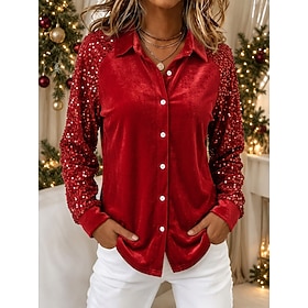 Christmas Women's Velvet Button Down Shirt Texture Sequins Patchwork Wedding Long Sleeve Shirt Collar Regular Tops Party Holiday Sapphire Blue Black Red Purple