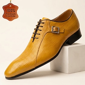 Men's Genuine Leather Yellow Derby Dress Shoes Lace Up Formal Shoes Classic Minimalist Style Business Casual Shoes Luxury Leather Footwear for Wedding Office P