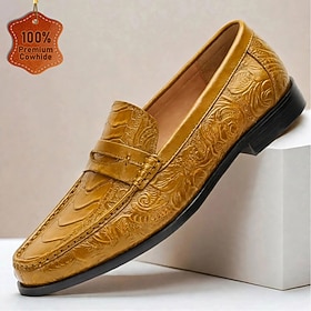 Men's Genuine Leather Yellow Loafers Embroidered Pattern Slip On Dress Shoes Classic Vintage Luxury Style Business Casual Wedding Party Evening Shoes Elegant L