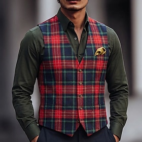 Men Vest Gilet Vacation Party Christmas Christmas Fashion Fall Winter All Seasons Buttons Polyester Breathability Casual Plaid Single Breasted V Neck Red Vest