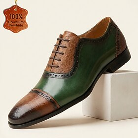 Men's Genuine Leather Oxford Dress Shoes Green Brown Two Tone Lace Up Formal Shoes Classic Vintage Luxury Business Wedding Office Party Shoes Elegant Men's Lea