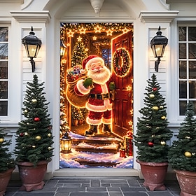Christmas Front Door Cover, 3D Optical Illusion Santa Claus with Christmas Wreath, Festive Holiday Door Banner, Outdoor Porch Entryway Decorations, Seasonal Ho