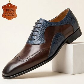 Men's Genuine Leather Oxford Dress Shoes Blue Brown Two Tone Lace Up Formal Shoes Classic Elegant Business Casual Shoes Vintage Luxury Style Wedding Office Par