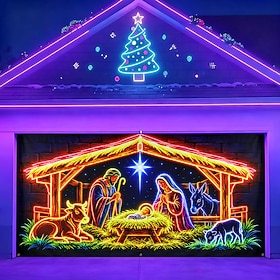 Blacklight Christmas Garage Door Cover, Fluorescent Nativity Scene with Holy Family and Manger, UV Reactive Christmas Garage Door Banner for Outdoor Holiday De