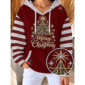 Christmas Women's Pullover Hoodie Sweatshirt Rhinestone Graphic Tribal Streetwear Casual Long Sleeve Hooded Long Tops Casual Party Evening Wear Street Black Ye