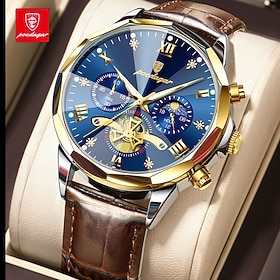 PODEGAR Men's Blue Dial Watch, Gold Tone Case, Brown Leather Strap, Luminous Hands, 3ATM Water Resistant Analog Wristwatch, Classic Business Casual Dress Watch
