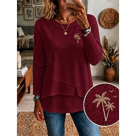Women's Waffle T-shirt T Shirt White Cotton Top Embroidered T-shirt Patchwork Embroidered Textured Solid Color Elegant Bohemia Daily Basic Long Sleeve 3/4 Leng