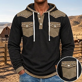 Men's 100% Cotton Acid Wash Shirt Tee Top Long Sleeve Hooded Henley Patchwork Color Block Basic Fall  Winter Spring Fall Plain Vintage Cowboy Casual Home Stree