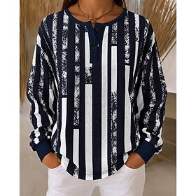 Women's Waffle Textured Pullover Sweatshirt Geometric Basic Casual Print Long Sleeve Crew Neck Regular Tops Casual Street Dailywear Blue Black And White Spring
