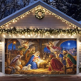 Christmas Garage Door Cover, Nativity Scene with Baby Jesus, Mary, Joseph and Three Wise Men, Traditional Christmas Garage Door Banner for Outdoor Home Holiday