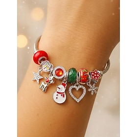 Women's Alloy Christmas Charm Bracelet, Holiday Snowflake Snowman Pendant Bracelet with Festive Beaded Charms, Red Green Xmas Jewelry Accessories for Christmas