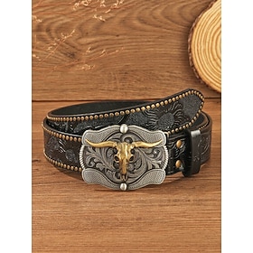 Men's Western Cowboy Belt with Longhorn Bull Skull Buckle, Vintage Embossed Faux Leather Studded Belt for Jeans, Rodeo, Country Concerts, Western Parties  Casu