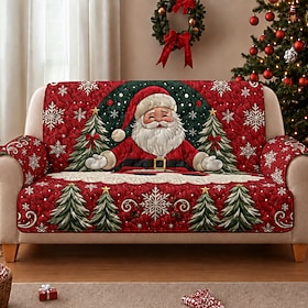 Christmas Quilted Sofa Cover, Santa Claus Pattern Sofa Pad, Red Holiday Couch Cover with Christmas Trees, Snowflakes and Festive Winter Details for Living Room