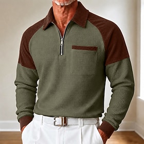 Men's Waffle Polo Shirts Casual Vacation Turndown Long Sleeve Fashion Leisure Solid Color Textured Color Block Buttons Fall Winter Regular White Black Navy Bl