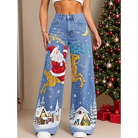 Christmas Women's Jeans Denim Wide Leg Chinos Vacation Vintage Basic Full Length High Waist Pants Ugly Floral Graphic Santa Claus Print Comfy Comfort Comfortab