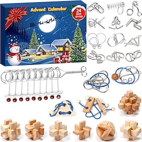 Advent Calendar Brain Teaser 24 Days Christmas Countdown for Kids, Metal Wire Puzzle Rings  3D Wooden Interlocking Puzzle Set, IQ Logic Games  Mind Challenges,