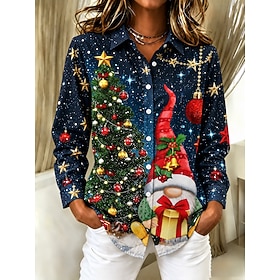 Christmas Women's Shirt Santa Claus Christmas Tree Elegant Vintage Fashion Long Sleeve Shirt Collar Regular Tops Casual Daily Streetwear Blue Spring Fall Winte