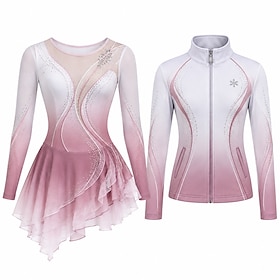 Figure Skating Dress with Jacket Women's Ice Skating Outfits Pink Patchwork Asymmetric Hem Stretchy Training Competition Skating Wear Classic Crystal / Rhinest