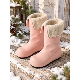 Women's Pink Faux Shearling Lined Winter Mid Calf Boots – Cozy Fold Over Cuff Snow Boots with Cute Round Toe, Warm Flat Casual Boots for Christmas, Winter Holi