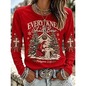 Christmas Women's T Shirt Print Graphic Santa Claus Vintage Fashion Stylish Long Sleeve Crew Neck Regular Tops Casual Daily Weekend Black Pink Red Green Spring