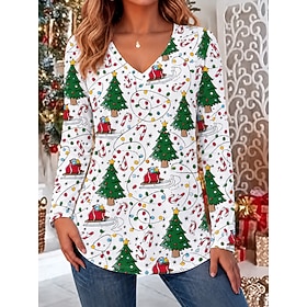 Christmas Women's Blouse Santa Claus Snowman Christmas Tree Vintage Fashion Classic Long Sleeve V Neck Regular Tops Casual Daily Going out White Spring Fall Wi