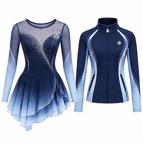 Figure Skating Dress with Jacket Women's Ice Skating Outfits Dark Navy Patchwork Asymmetric Hem Stretchy Training Competition Skating Wear Classic Crystal / Rh