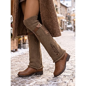 Women's Brown Casual Over-the-Knee - Vintage Side Zip Ankle Boots with Detachable Knit Leg Warmers, Country Style Fall Winter Boots for Fall Winter Casual Walk