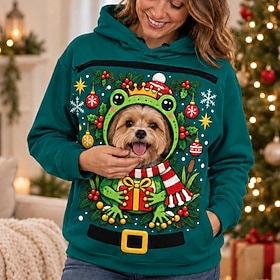 Christmas Funny Bonding Pouch Hoodie Pet Lover Gifts Small Pet Carrier Frog Cute Cozy Cat Dog Front Pocket Plus Size for Women's Adults' 3D Print  for Christma
