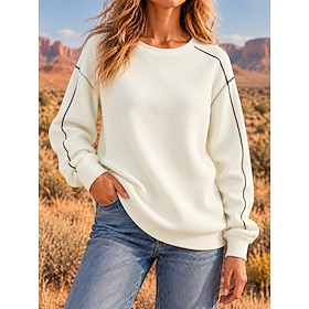 Women's Waffle Sweatshirts Pullover Sweatshirt Patchwork Plain Elegant Vintage Fashion Long Sleeve Crew Neck Regular Tops Casual Sports Black Army Green Aprico