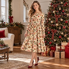 1950s Retro Vintage Rockabilly Midi Flare Dress Long Sleeves Fit  Flare Round Neck Fancy Dress Women's Christmas New Year Party Casual Daily Adults' Dress Fall