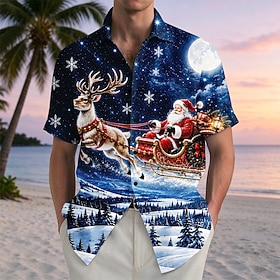 Christmas Men's Santa Claus Shirt Dress Shirt Button Up Shirt Short Sleeve Casual Daily Outdoor Vacation Summer Collared Shirts Button Up 3D Print Blue Blue 1#