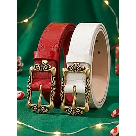 Women's genuine leather embossed belt, featuring an ornate, vintage silver-tone buckle. Available in red, black, and brown; perfect for pairing with jeans, Chr
