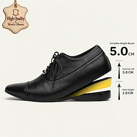 Men's Black Lace-Up Dress Shoes with Hidden 5 cm Height Increase, Classic Business Style and Refined Toe Design for Office, Weddings, Business Meetings and For