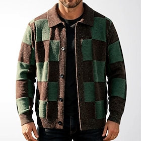 Men's Sweater Cardigan Sweater Ribbed Knit Regular Tops Button Up Knitted Plaid Rolled collar Neutral Fashion Casual Daily Wear Clothing Apparel Fall  Winter B