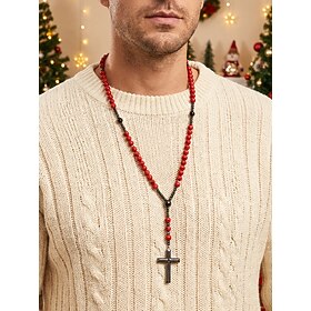 Men's Natural Stone Beaded Cross Necklace, Vintage Long Alloy Cross Pendant Necklace, Multi-Color Religious Jewelry for Christmas, Easter, Church Everyday Cas