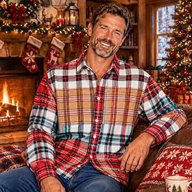 Christmas Men's Grid / Plaid Patterns Button Up Shirt Casual Dress Shirt Long Sleeve Fashion Casual Vacation Dailywear Summer Spring Fall Turndown Collared Shi