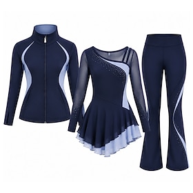 Figure Skating Dress with Jacket and Pants Women's Ice Skating Outfits Navy Patchwork Asymmetric Hem Stretchy Training Competition Skating Wear Classic Crystal