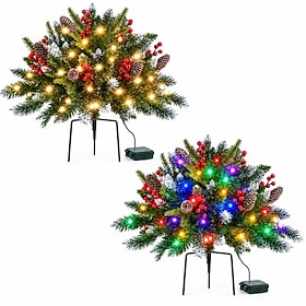 2-Pack Christmas Pre-Lit Outdoor Evergreen Stake Decorations, Frosted Pine Arrangements with Red Berries and Pinecones, 50 LED Lights, 9 Lighting Modes with Re