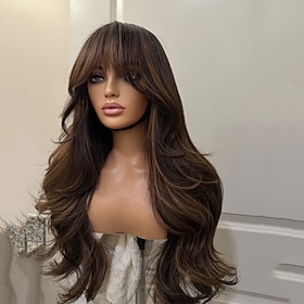 Human Hair 5x5 Closure 13x4 Lace Front Wig With Bangs Brazilian Hair Wavy Brown Dark Brown Wig 150% 180% Density with Baby Hair Highlighted / Balayage Hair 100