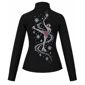 Figure Skating Fleece Jacket Women's Ice Skating Jacket Top Black Patchwork Stretchy Training Competition Skating Wear Crystal / Rhinestone Long Sleeve Ice Ska