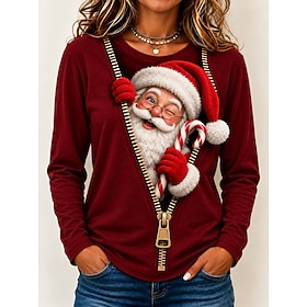 Christmas Women's T Shirt Print Graphic Santa Claus Christmas Vintage Fashion Stylish Long Sleeve Crew Neck Round Neck Regular Tops Casual Daily Blue Light Bei