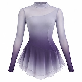 Figure Skating Dress Women's Ice Skating Dress Purple Patchwork Asymmetric Hem Stretchy Training Competition Skating Wear Classic Long Sleeve Ice Skating Figur