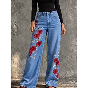 Women's Jeans Denim Cotton Blend Wide Leg Vacation Vintage Basic Full Length High Waist Floral Graphic Comfy Comfort Comfortable Inelastic Casual Daily Daily W