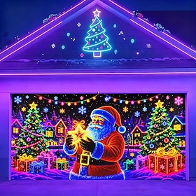 Blacklight Christmas Garage Door Cover, UV Reactive Fluorescent Santa Claus with Gifts and Christmas Tree Print Garage Door Banner, Christmas Night Holiday Bac